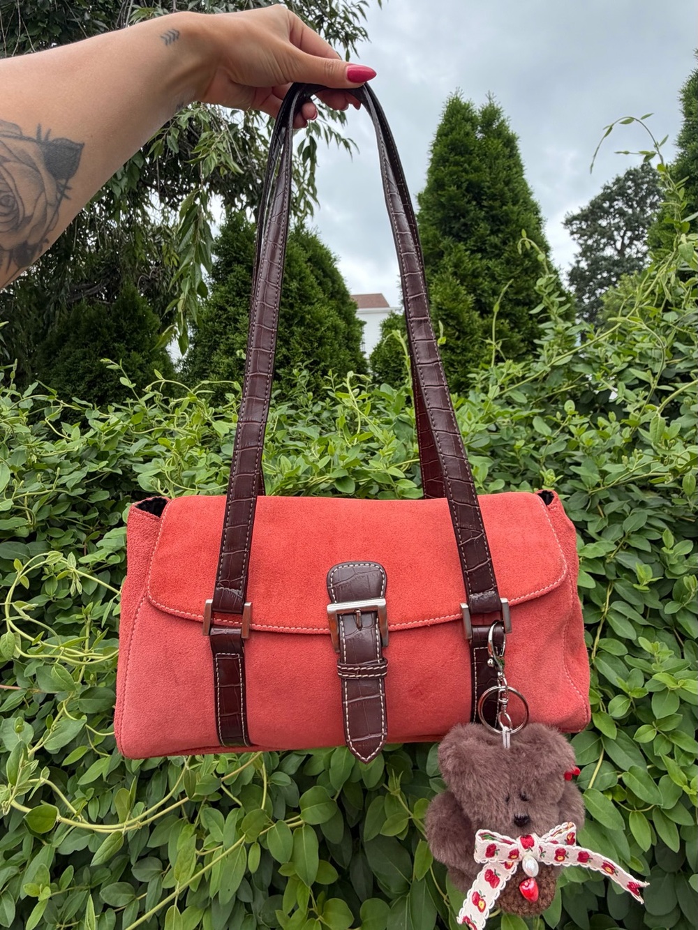 Vintage Y2K Tignanello Suede Leather Shoulder Bag Coral Boho Baguette Purse